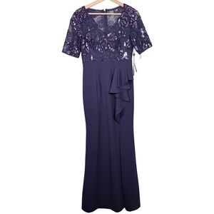 Adrianna Papell Aubergine Sequin Lace Short Sleeve Long Formal‎ Gown Size 4
